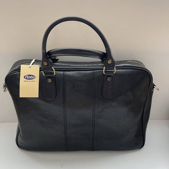 Floto Venezia Women Black Leather Boston Briefcase Attached Laptop Case w/ Strap - Picture 2 of 16